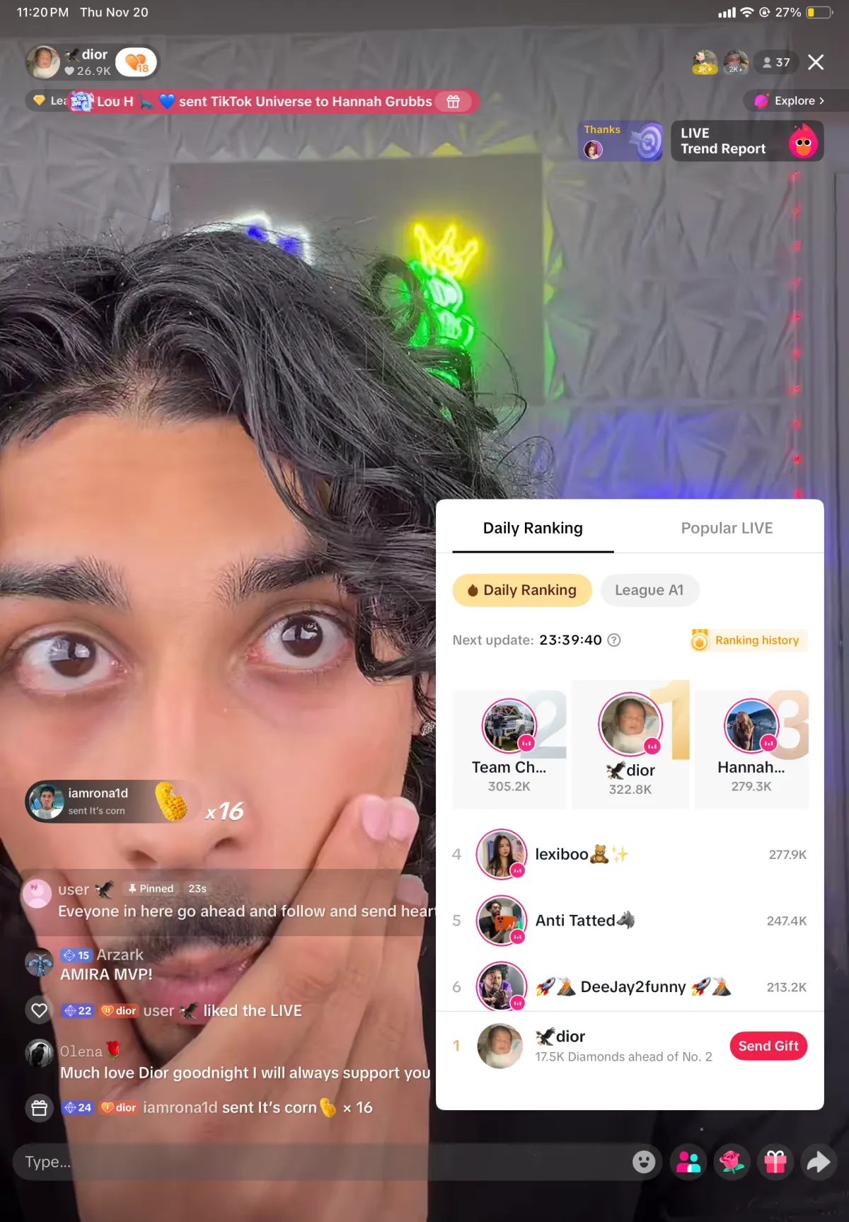 A creator on TikTok LIVE with the Daily Ranking gifter leaderboard open as gifts come in